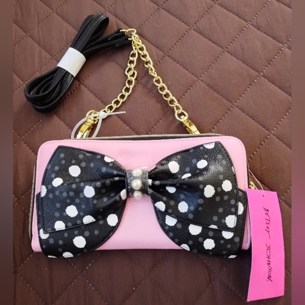 NWT Betsey Johnson Pink Crossbody Wallet/Clutch Black Polka Dot Bow